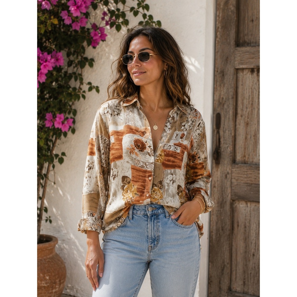 Vintage‎ Satin Christie & Jill Shirt Women Medium Brown Retro Fall Fashion